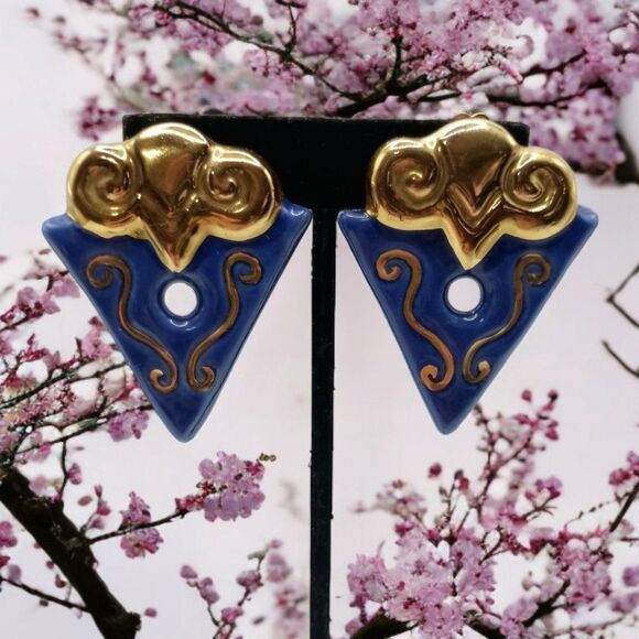 Geometric Abstract Earrings Clip On Terracotta Clay Handpainted Large Blue Gold - Picture 11 of 16